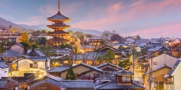 sunset in kyoto with buildings lights