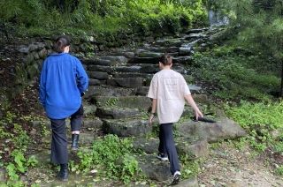 friends walking up stairs