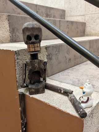 Decorations seen around the CIEE center, including a skeleton and a snowman figurine
