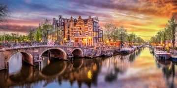 Amsterdam canal at sunset