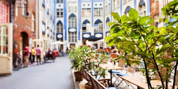 berlin germany plaza eating tables green plant