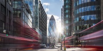 London Gherkin busy street