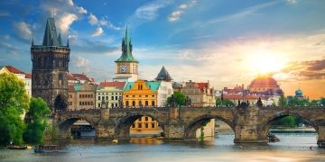 Prague river bridge sunset