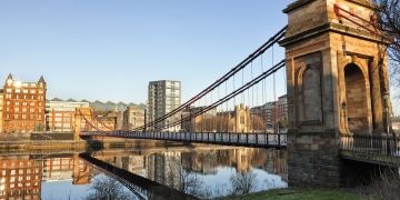 glasgow bridge over river at sunset