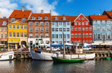 Copenhagen boats in canal by houses