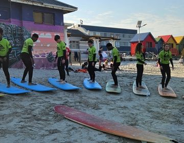 students standing on surfboards on the beach 