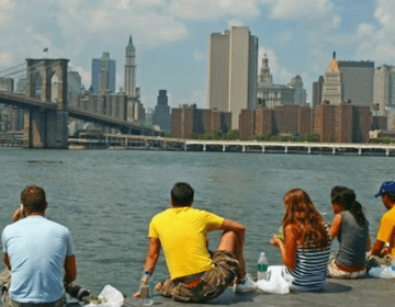 Students sit with their back towards the camera overlooking the Brooklyn Bridge and Manhattan