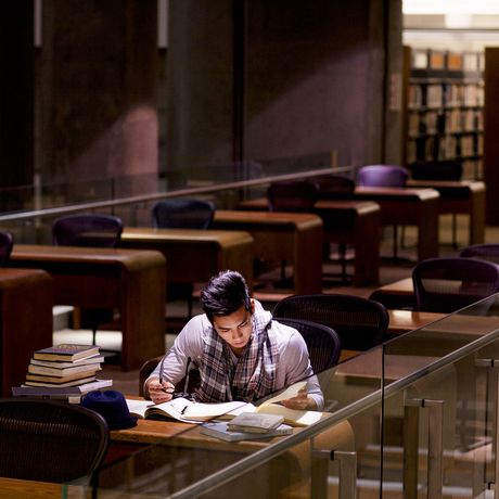 college student studying in a library