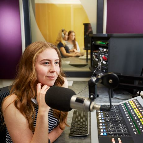 technology engineering girl in audiobooth