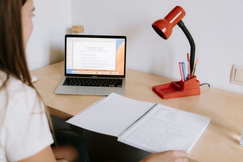 Young woman looking at laptop sitting on desk