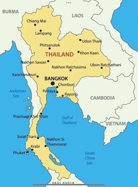 Main cities in Thailand on a map