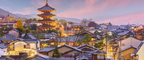 sunset in kyoto with buildings lights