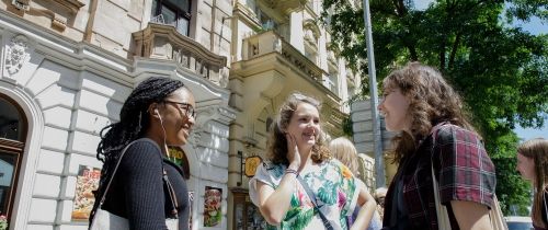 three girls abroad outside ciee center