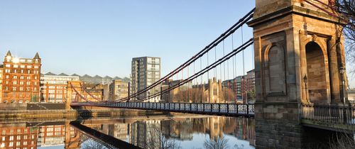 glasgow bridge over river at sunset