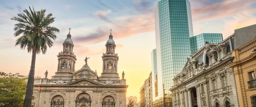 santiago chile metropolitan cathedral at sunset