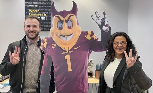 asu students pose with sun devile cardboard cutout