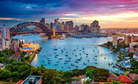 sydney harbor full of boats at sunset