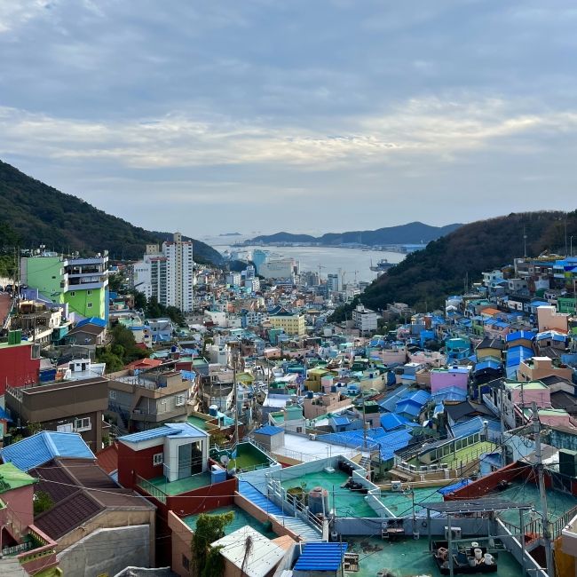 This photo was taken from a lovely cafe in Gamcheon Cultural Village which shows off the beautiful buildings, the water, and mountains all together.