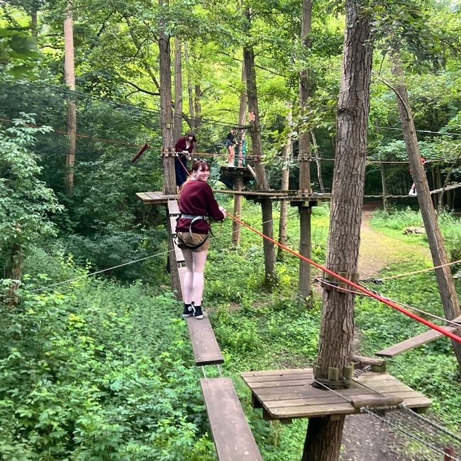 One participant while crossing one of the rope bridges.