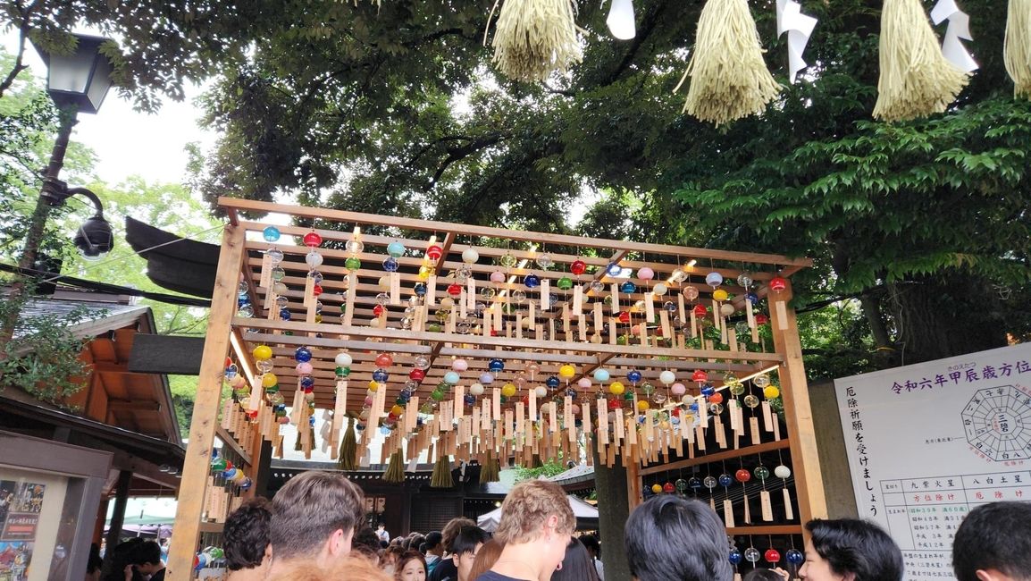 Japanese wind chimes called Furin displayed outside Hikawa Shrine