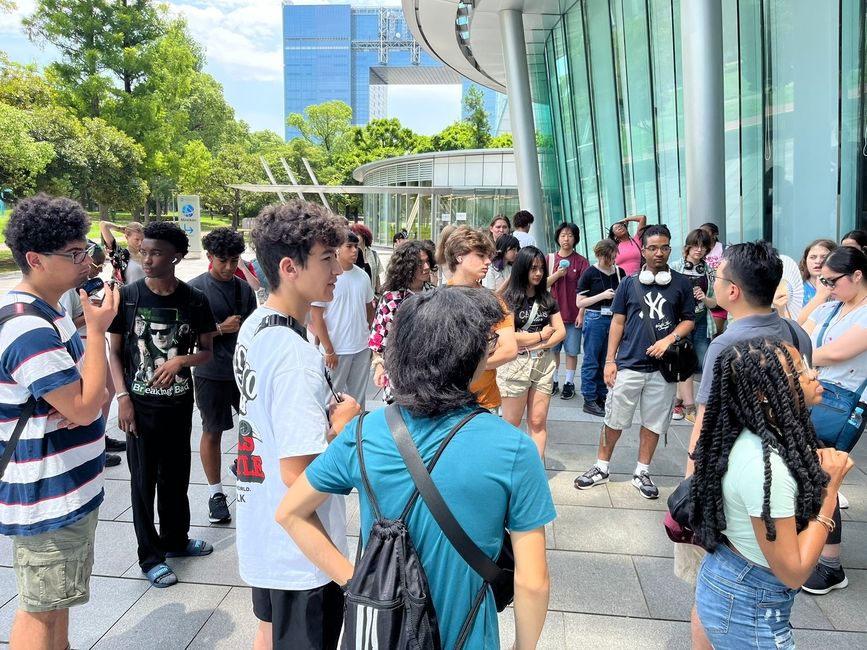 Students gathering outside the Miraikan Science Museum