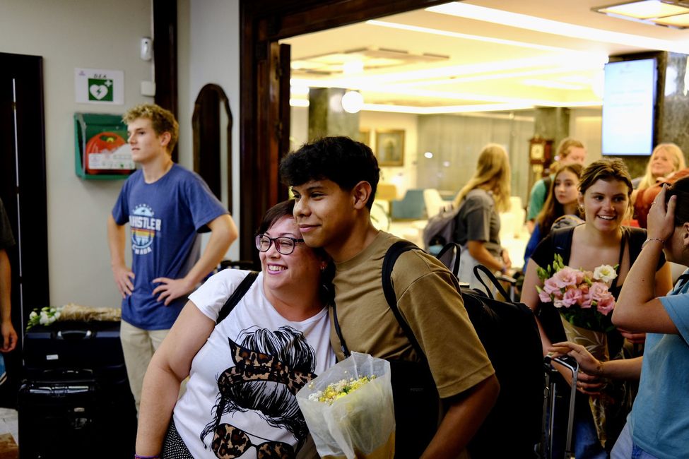 Student hugging host mother in Seville, Spain