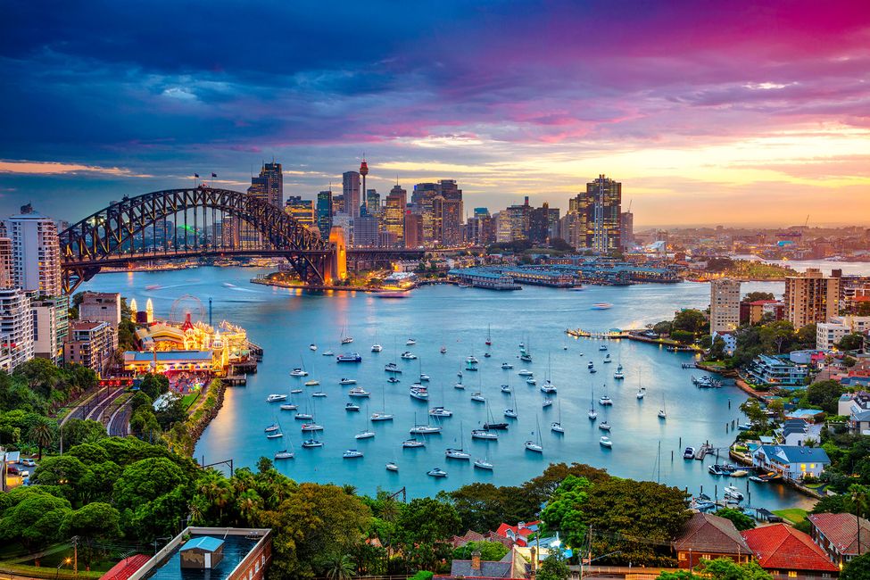 sydney harbor full of boats at sunset