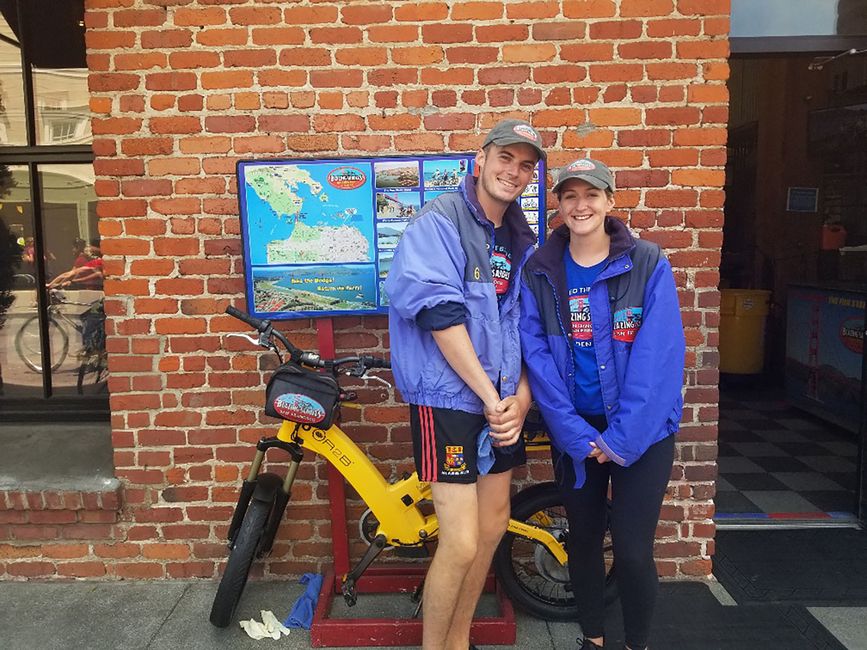 Participants posing in front of bike rentals in San Francisco