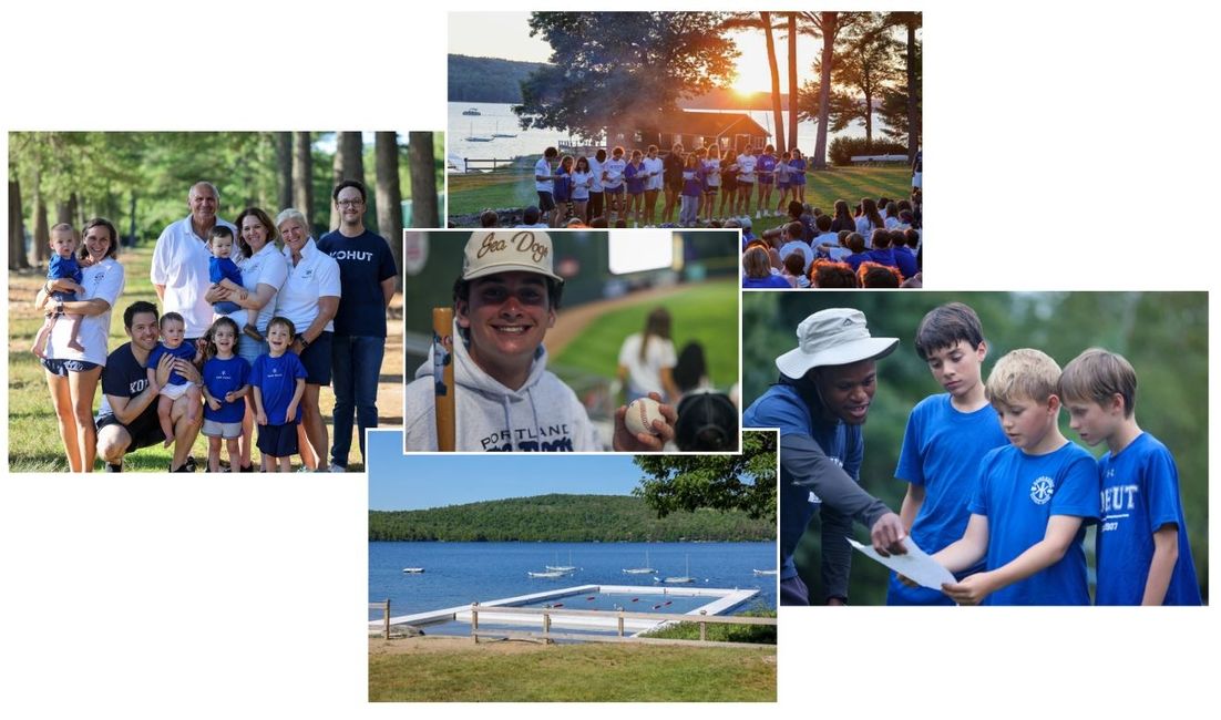  collage featuring various scenes from a summer camp. The top-left image shows a multigenerational family posing together outdoors. The top-right image captures a group of campers standing together in front of a lake at sunset. The bottom-left image shows a scenic view of a lake with a swimming dock and boats