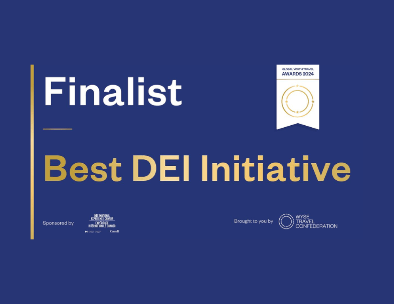 Words on a blue background that say: CIEE named as Finalist for Best DEI Initiative from the Global Youth Travel Awards