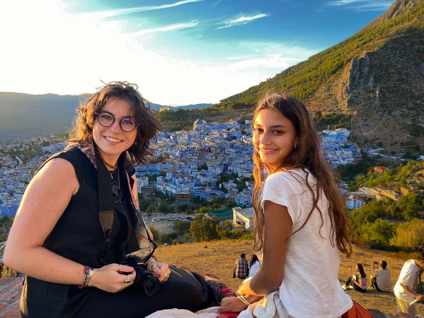 Morocco students sitting on the edge of the Rif Mountains 