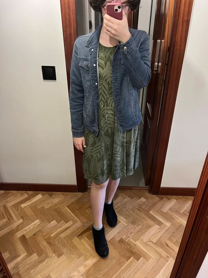 Green dress and a jean jacket