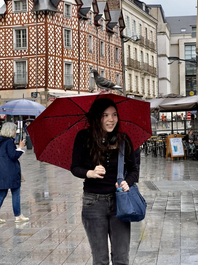 Student with a red umbrella and a pigeon perched on her umbrella in the rain