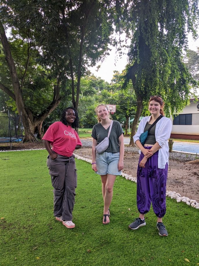 Freda, Anika and Tess pose for a photo at the CIEE Legon Study Center