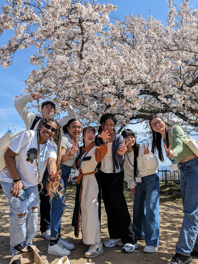 Group of high school students in Kyoto in front of a cherry blossom tree