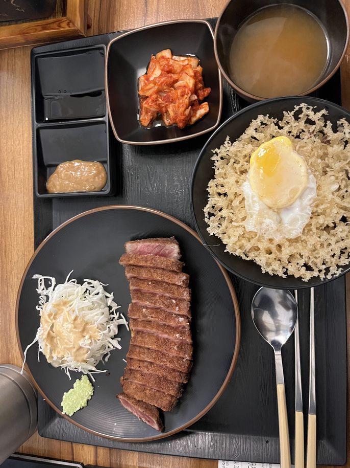 gyukatsu with rice bowl, miso soup, and kimchi