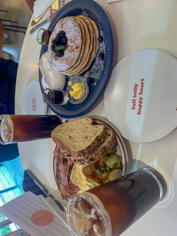 breakfast plate with pancakes and eggs, toast and bacon