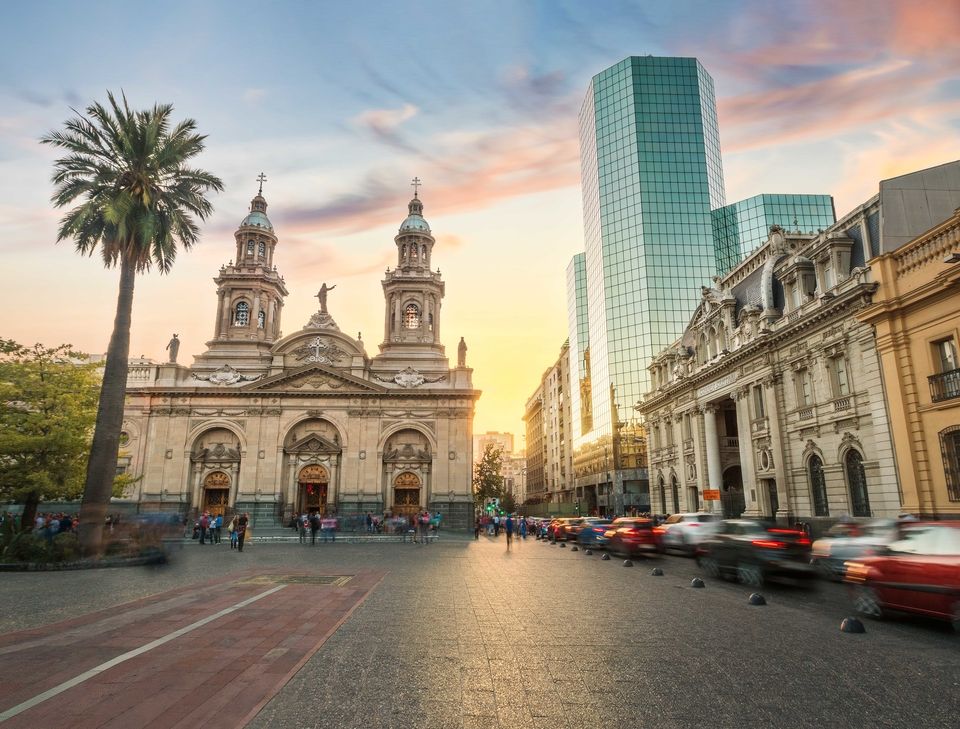 Santiago de Chile's Metropolitan Cathedral at sunset
