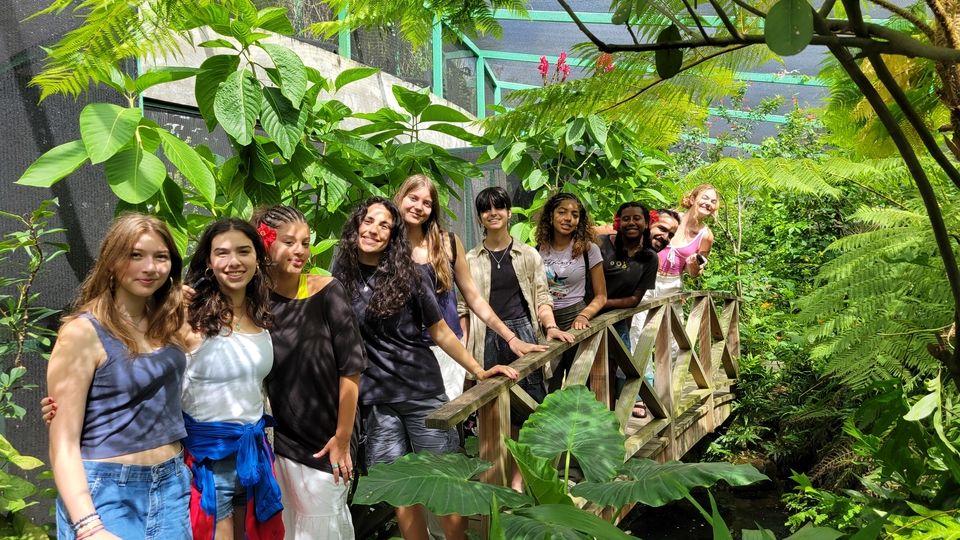 Students standing on a bridge in the butterfly exhibit.