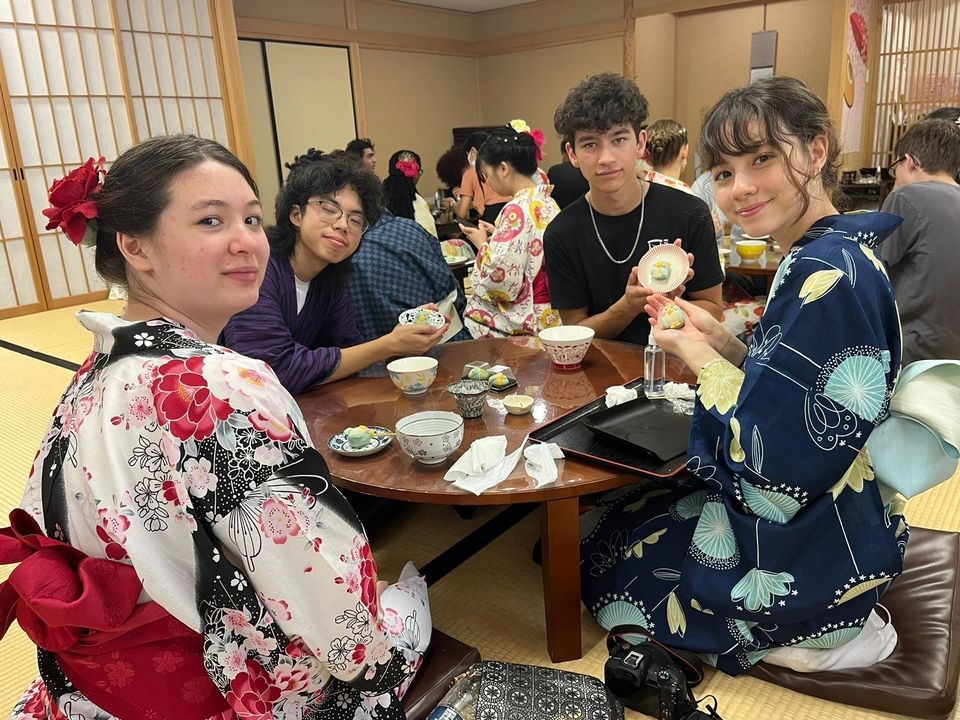 Dressed in traditional yukata, students created their own wagashi sweets.